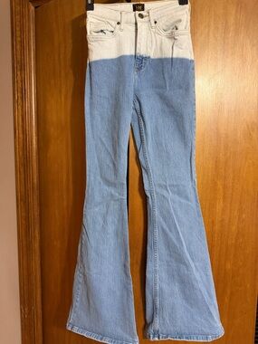 Lee Two-Tone High Waist Flare Jeans in Light Blue & White